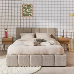 Cama baúl con somier a láminas y cabecero 140cm, acabado en borreguito
