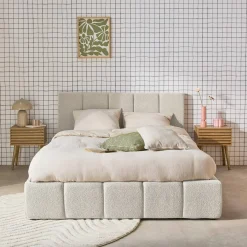 Cama baúl con somier a láminas y cabecero 140cm, acabado en borreguito