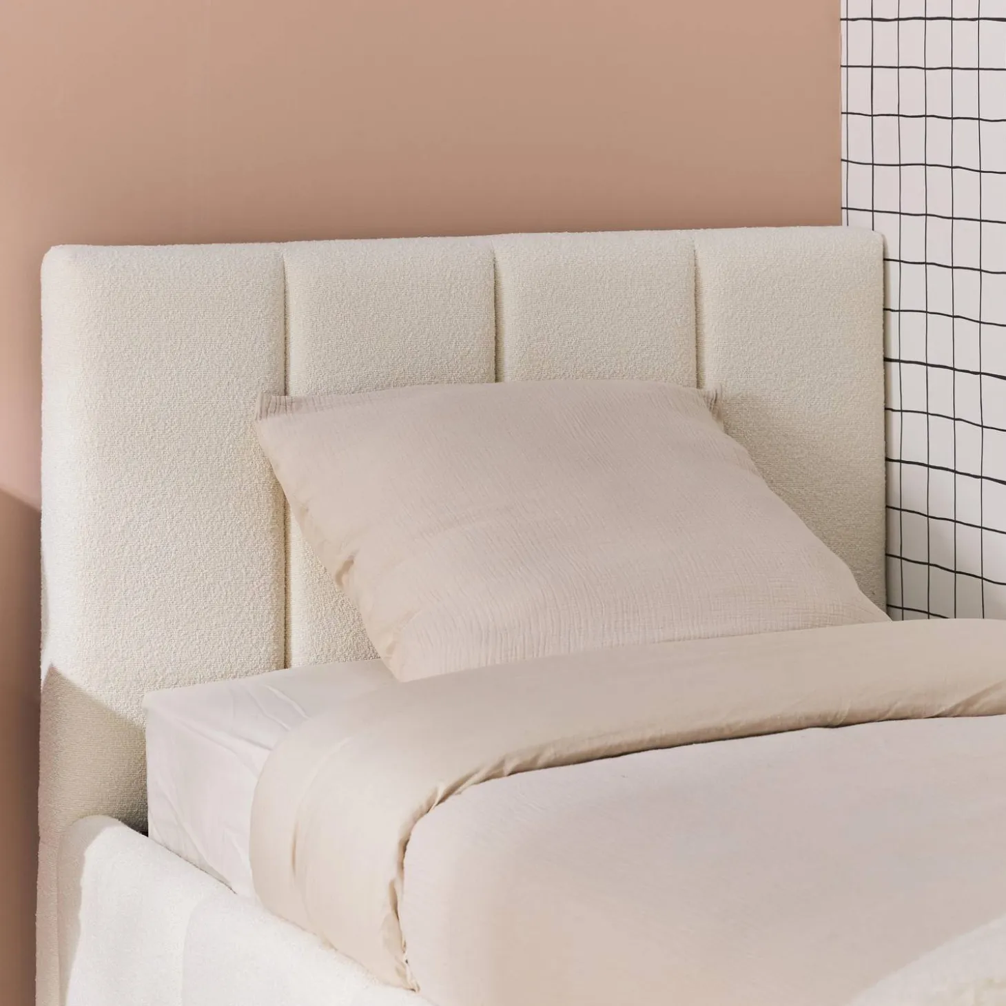 Cama baúl con somier de láminas y cabecera 90x190cm, acabado en borreguito