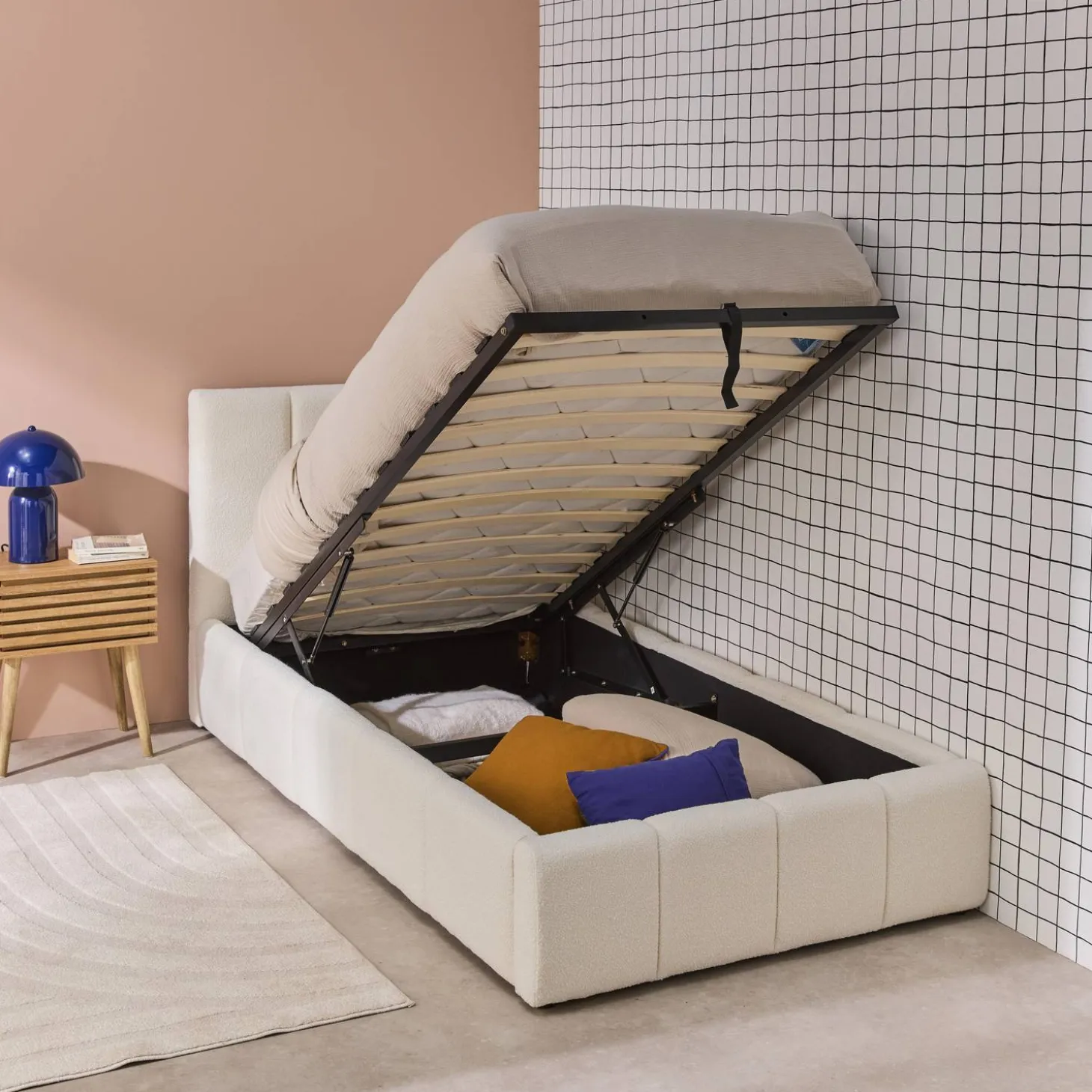 Cama baúl con somier de láminas y cabecera 90x190cm, acabado en borreguito