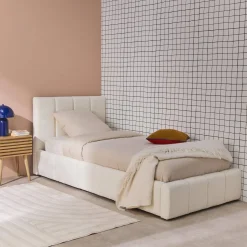 Cama baúl con somier de láminas y cabecera 90x190cm, acabado en borreguito