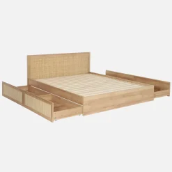 Cama bohemia con somier de láminas y cabecero 140x190cm + 2 cajones decorativos