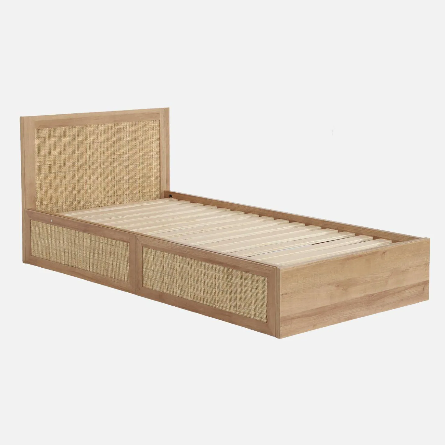 Cama bohemia con somier de láminas y cabecero 140x190cm + 2 cajones decorativos