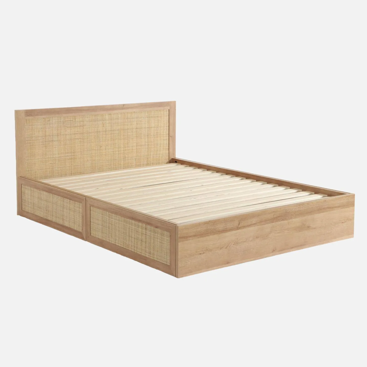 Cama bohemia con somier de láminas y cabecero 140x190cm + 2 cajones decorativos