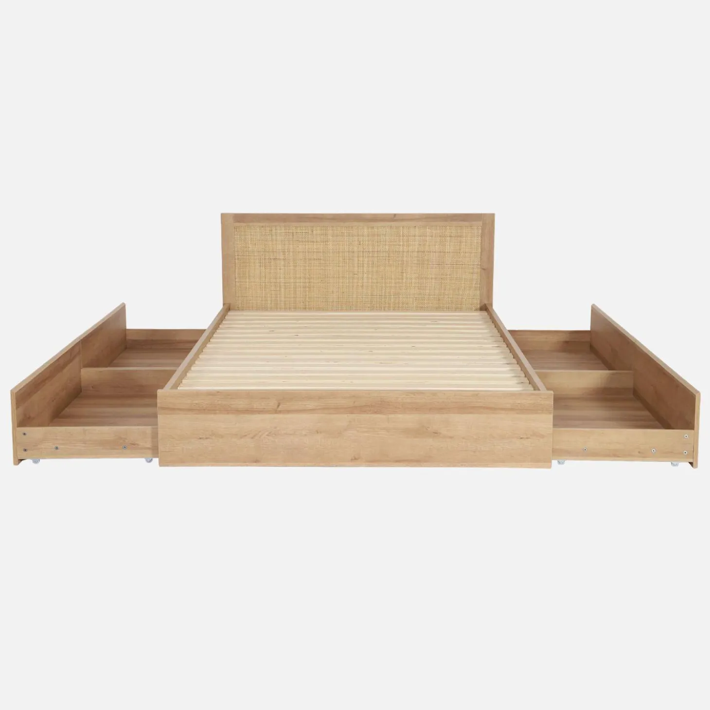 Cama bohemia con somier de láminas y cabecero 140x190cm + 2 cajones decorativos