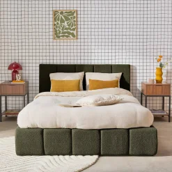 Cama con cajón con somier de láminas y cabecero 160x200cm, acabado en borreguito