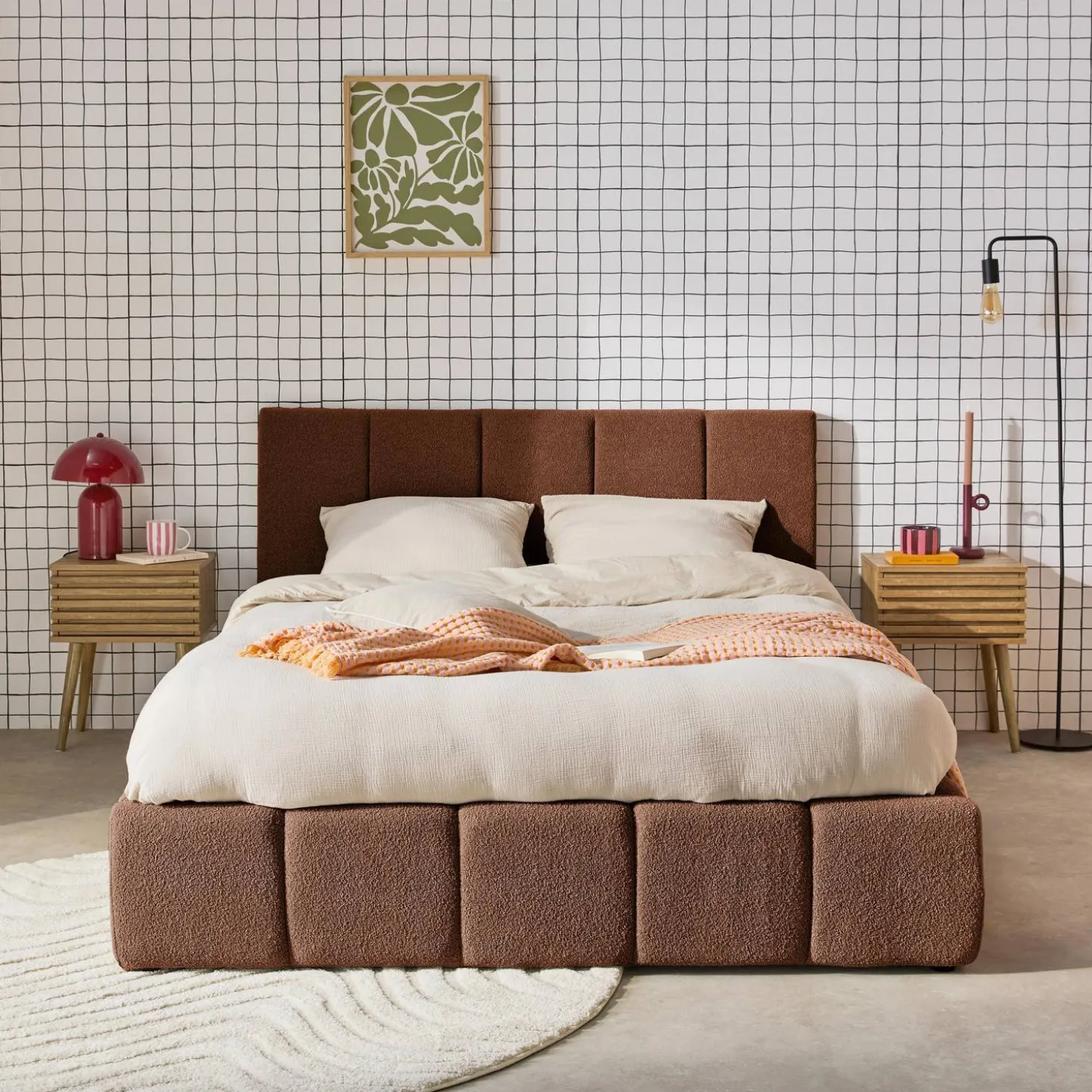 Cama con cajón con somier de láminas y cabecero 160x200cm, acabado en borreguito
