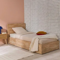 Cama con cajón, somier de láminas y cabecero 90x190cm decorado en madera