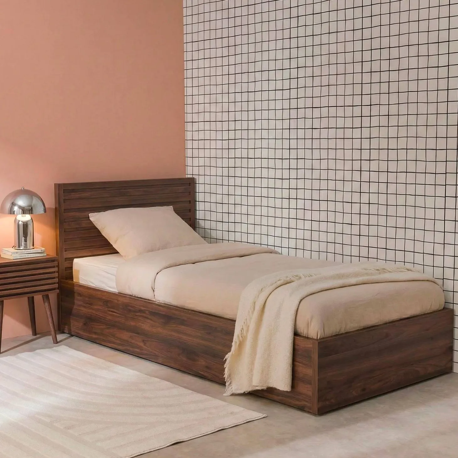 Cama con cajón, somier de láminas y cabecero 90x190cm decorado en madera