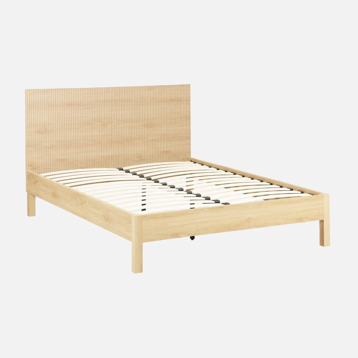 Cama con somier a láminas y cabecero 140x190cm, decoración madera