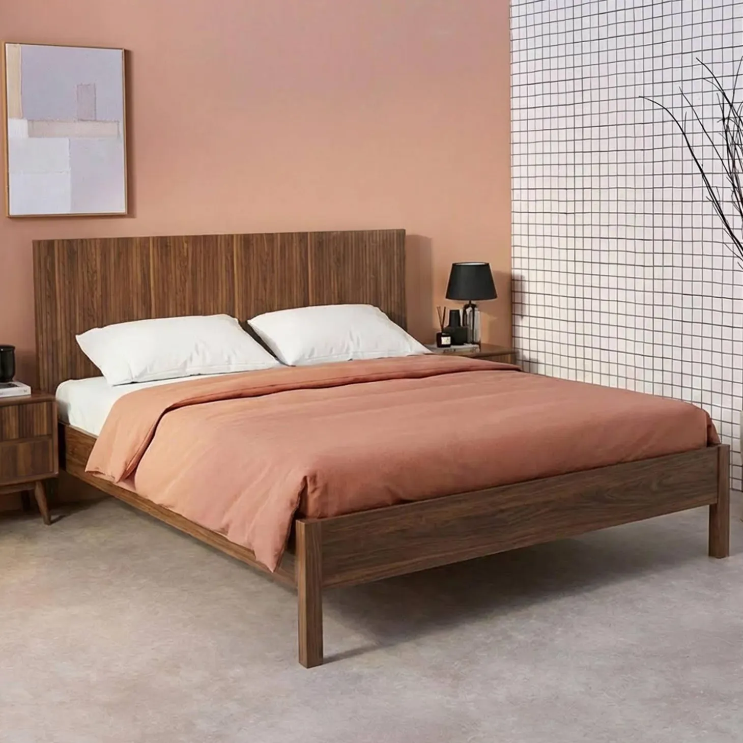 Cama con somier a láminas y cabecero 160x200cm, decoración madera