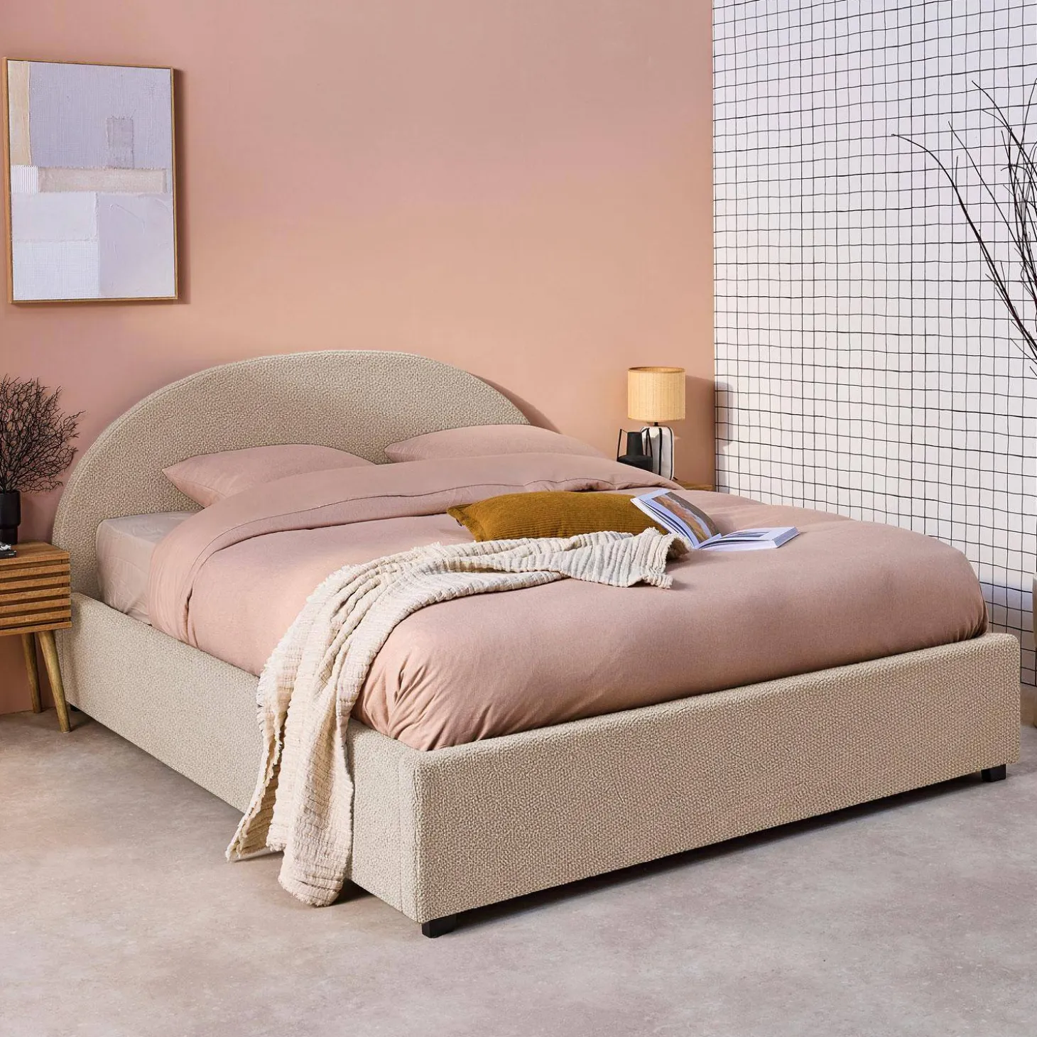 Cama con somier abatible y cabecero 160x200cm, acabado en borreguito