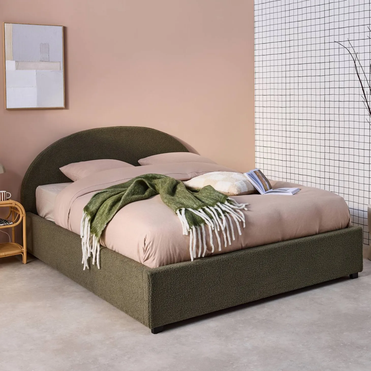 Cama con somier abatible y cabecero 140x190cm, acabado en borreguito