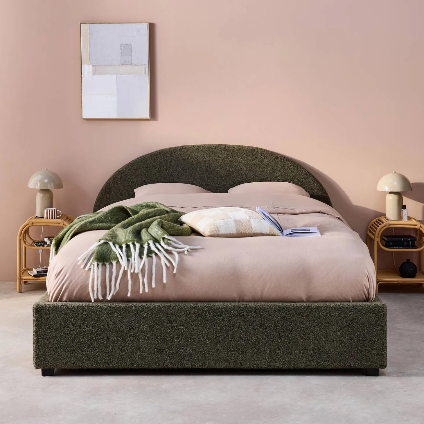 Cama con somier abatible y cabecero 140x190cm, acabado en borreguito