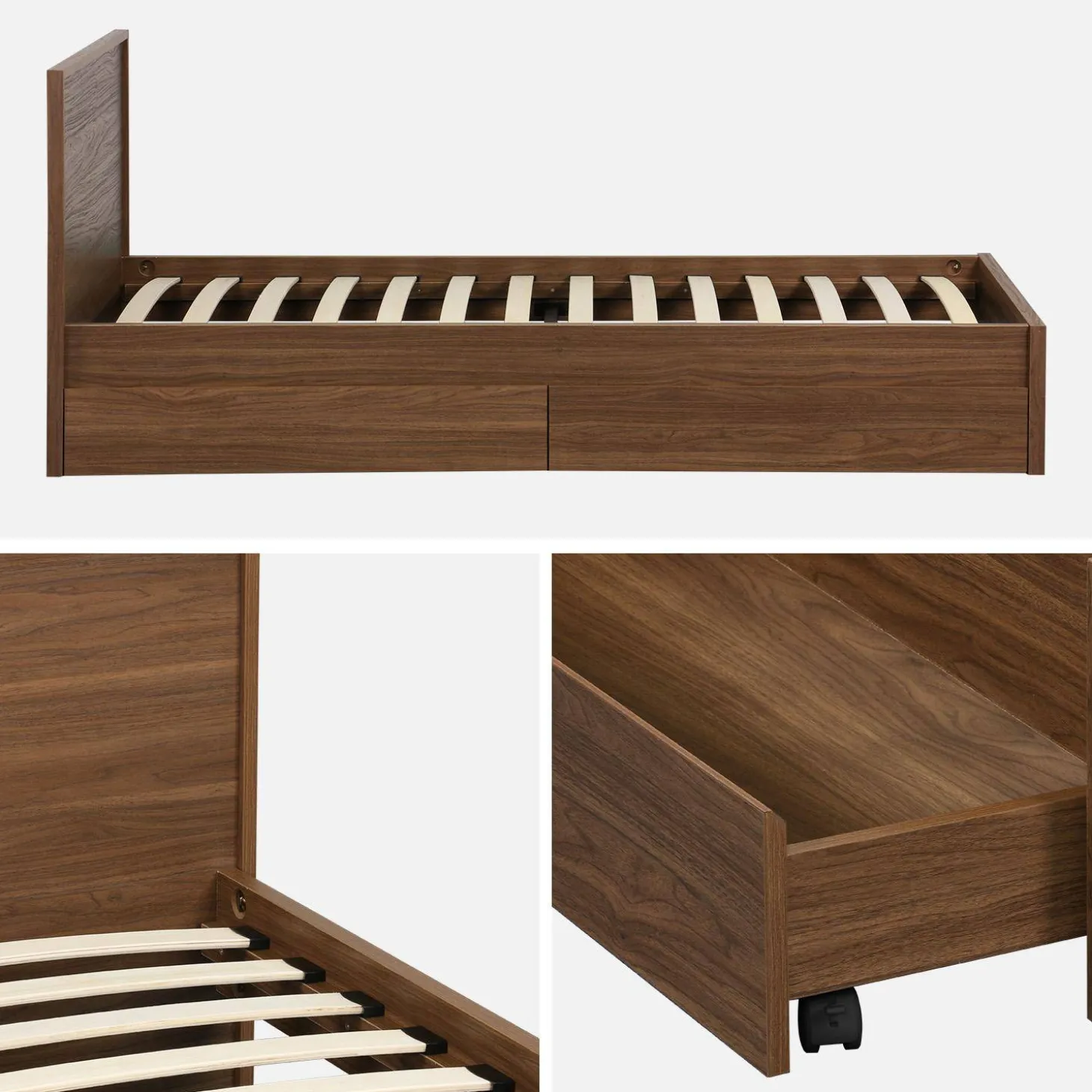 Cama con somier de láminas y cabecero 90 x 190cm + 2 cajones decorativos de madera