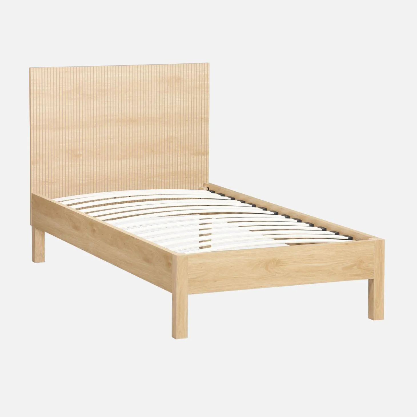 Cama con somier de láminas y cabecero 90x190cm, decoración madera