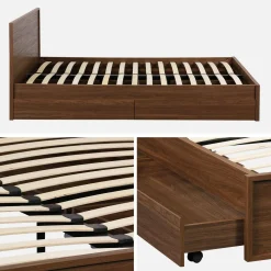 Cama con somier de láminas y cabecero 160x200cm + 4 cajones decoración madera