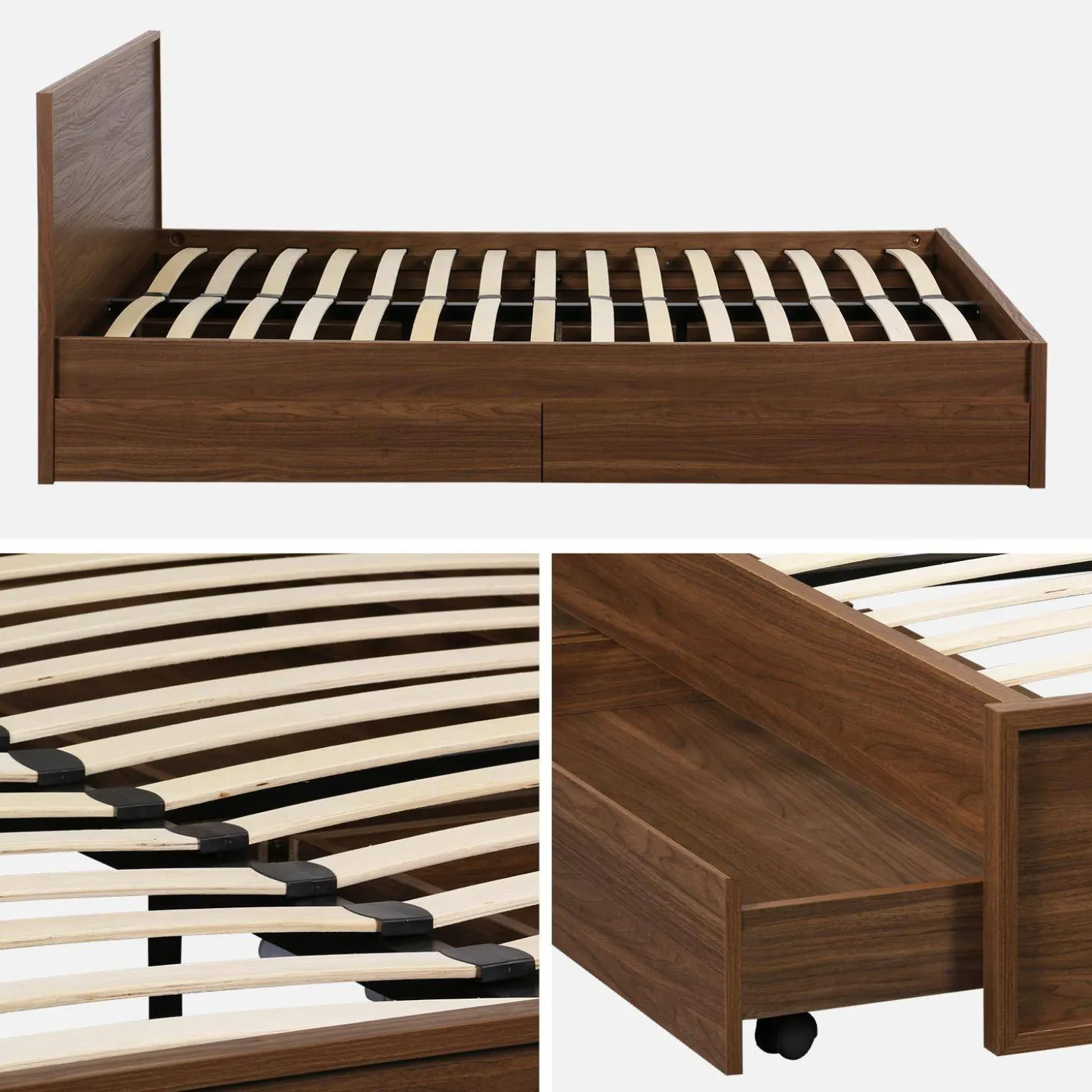 Cama con somier de láminas y cabecero 160x200cm + 4 cajones decoración madera