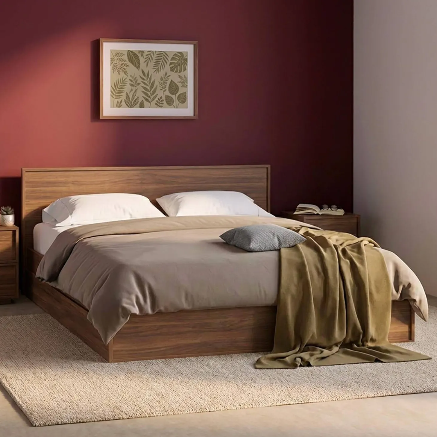 Cama con somier de láminas y cabecero 160x200cm + 4 cajones decoración madera