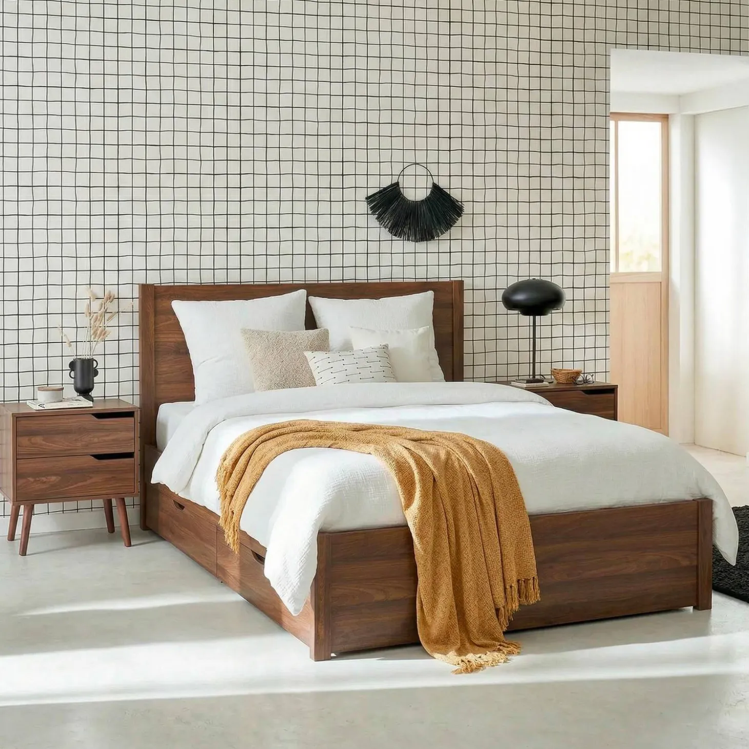 Cama con somier de láminas y cabecero, 160x200cm + 4 cajones decorativos de madera