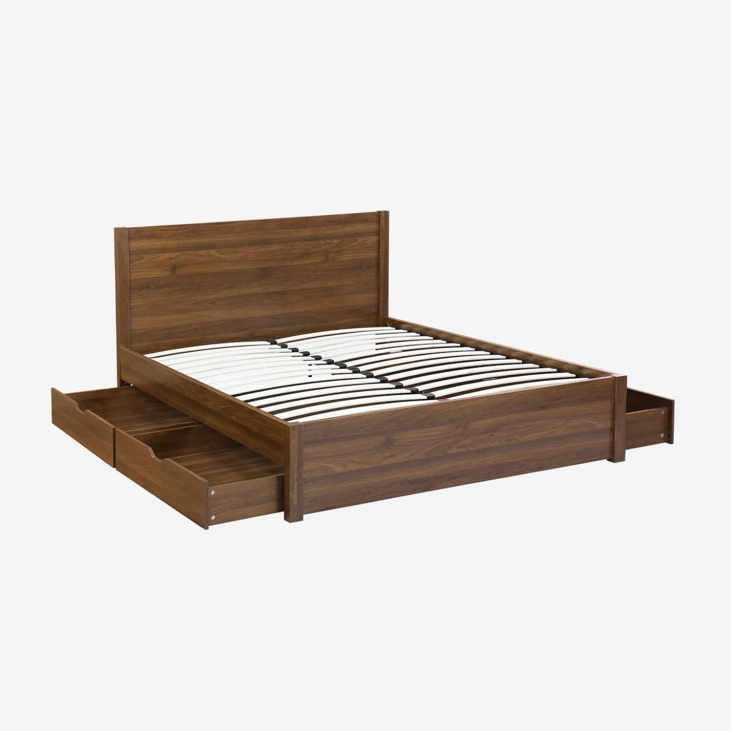 Cama con somier de láminas y cabecero, 160x200cm + 4 cajones decorativos de madera