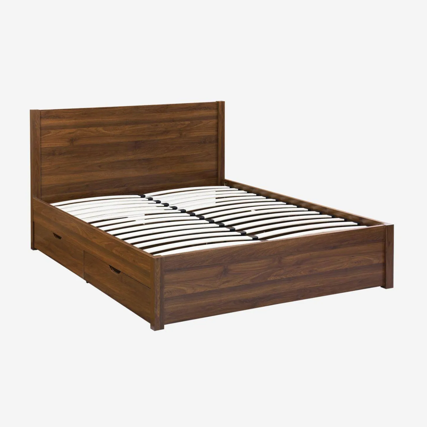 Cama con somier de láminas y cabecero, 160x200cm + 4 cajones decorativos de madera