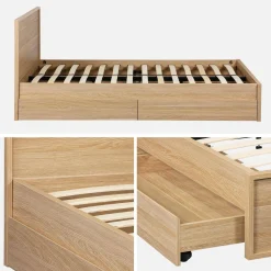 Cama con somier de láminas y cabecero 140x190cm + 4 cajones decorativos de madera