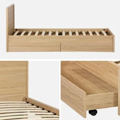 Cama con somier de láminas y cabecero 90 x 190cm + 2 cajones decorativos de madera