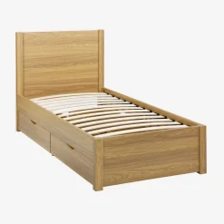 Cama con somier de láminas y cabecero, 90x190cm + 4 cajones decorativos de madera