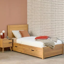 Cama con somier de láminas y cabecero, 90x190cm + 4 cajones decorativos de madera