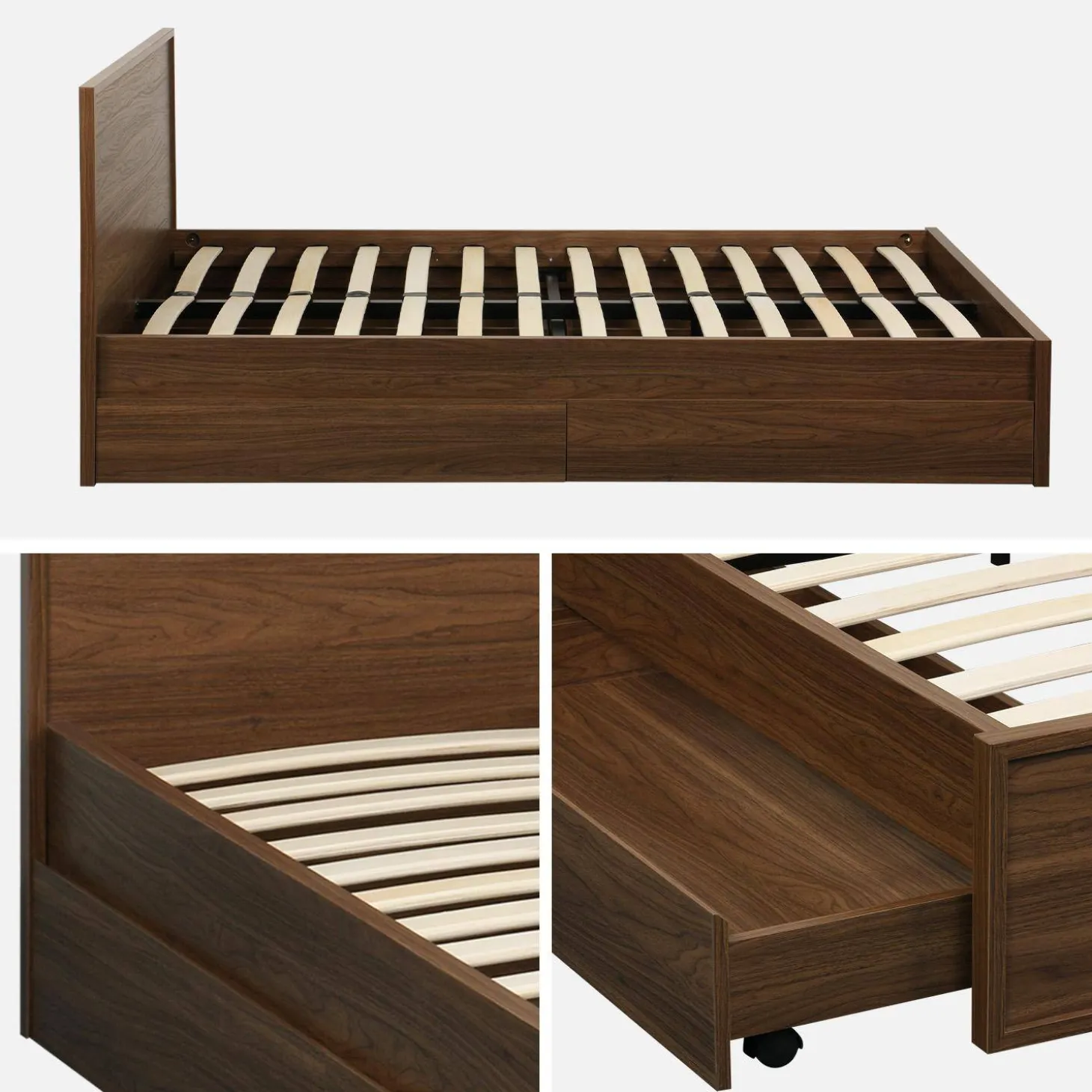 Cama con somier de láminas y cabecero 140x190cm + 4 cajones decorativos de madera