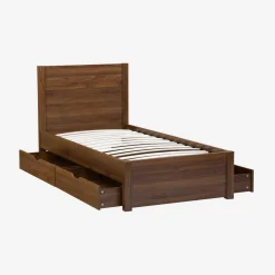 Cama con somier de láminas y cabecero, 90x190cm + 4 cajones decorativos de madera