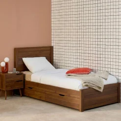 Cama con somier de láminas y cabecero, 90x190cm + 4 cajones decorativos de madera