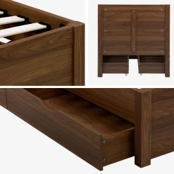 Cama con somier de láminas y cabecero, 90x190cm + 4 cajones decorativos de madera