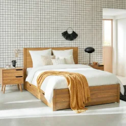 Cama con somier de láminas y cabecero, 160x200cm + 4 cajones decorativos de madera