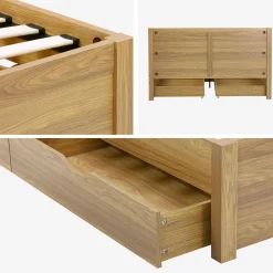 Cama con somier de láminas y cabecero, 160x200cm + 4 cajones decorativos de madera