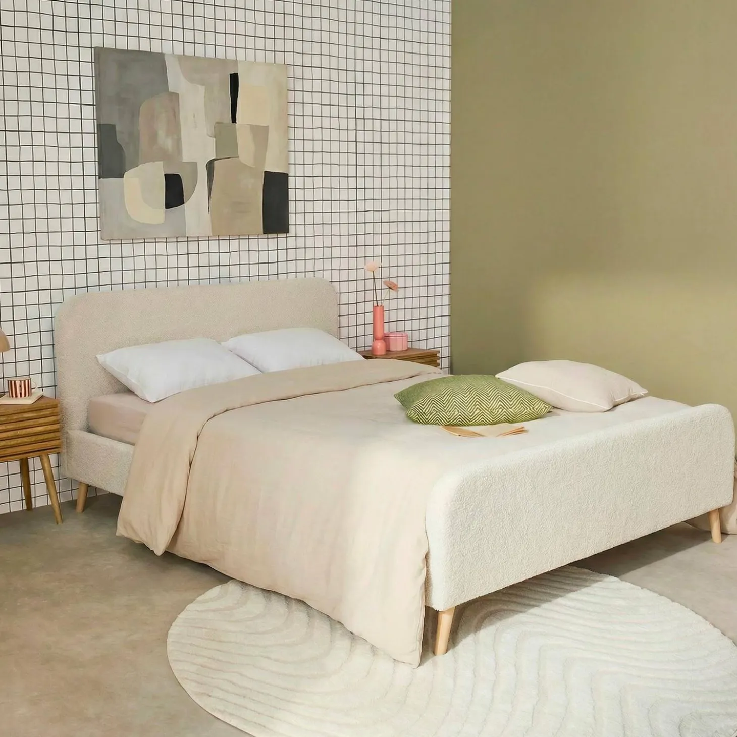 Cama con somier y cabecera tapizada borreguito, 160x200cm