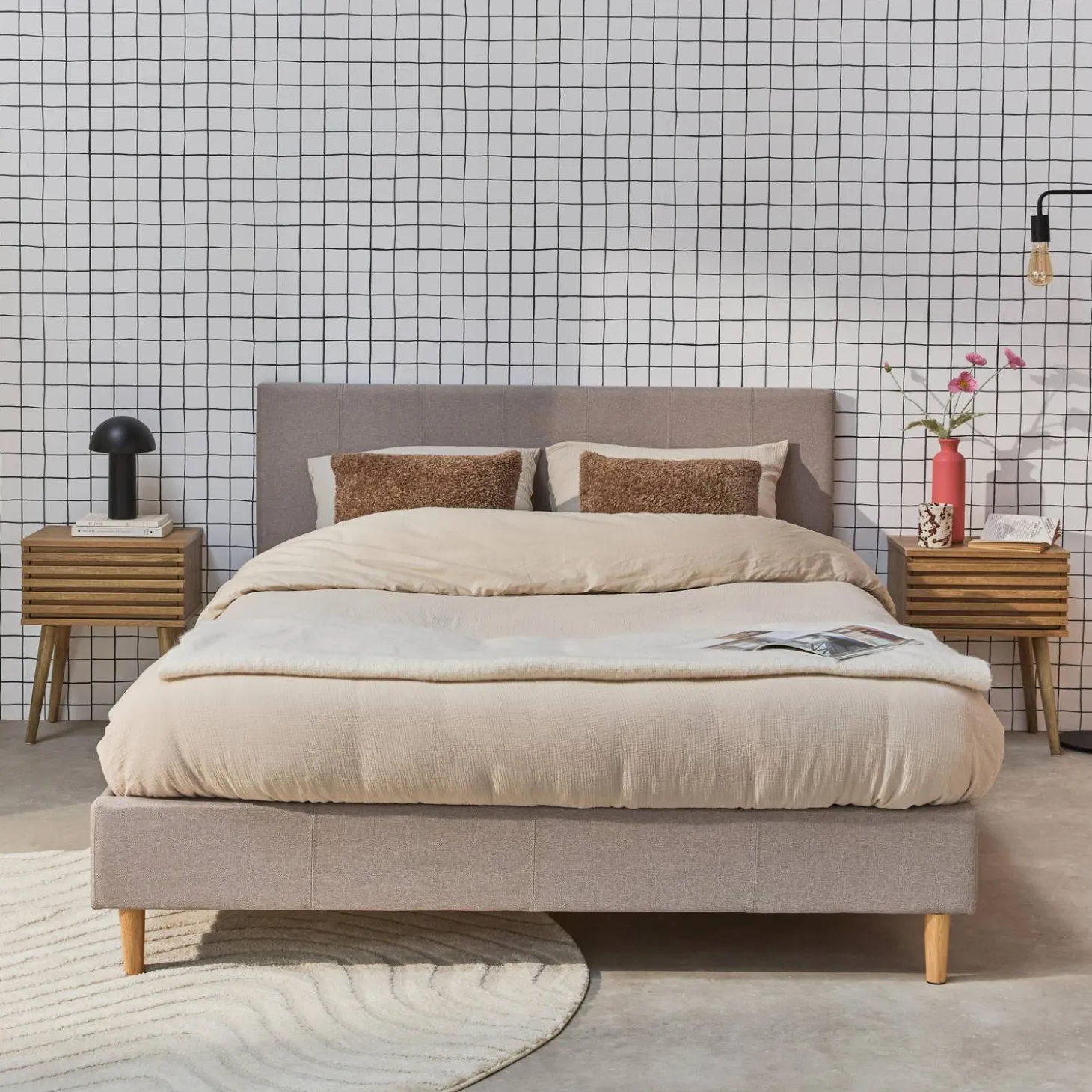 Cama con somier y cabecero 140x190cm, acabado en tela