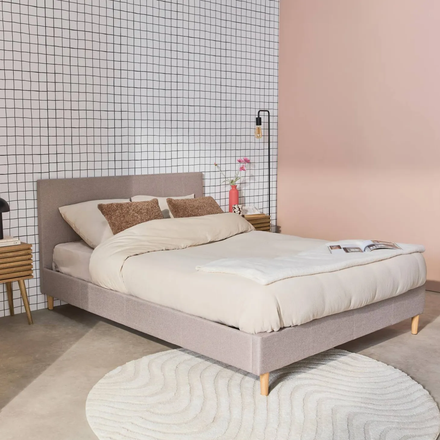 Cama con somier y cabecero 140x190cm, acabado en tela