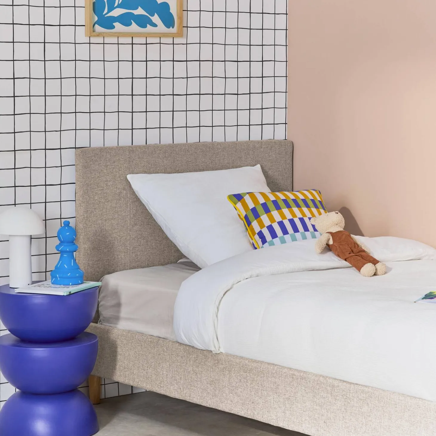 Cama con somier y cabecero 90x190cm, acabado en tela