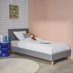 Cama con somier y cabecero 90x190cm, acabado en tela