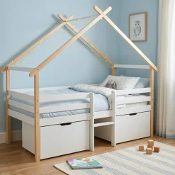 Cama infantil de madera de pino con somier incluido y 2 cajones, 90cm