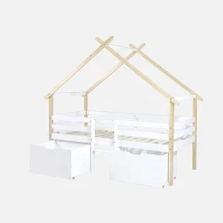Cama infantil de madera de pino con somier incluido y 2 cajones, 90cm