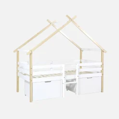 Cama infantil de madera de pino con somier incluido y 2 cajones, 90cm