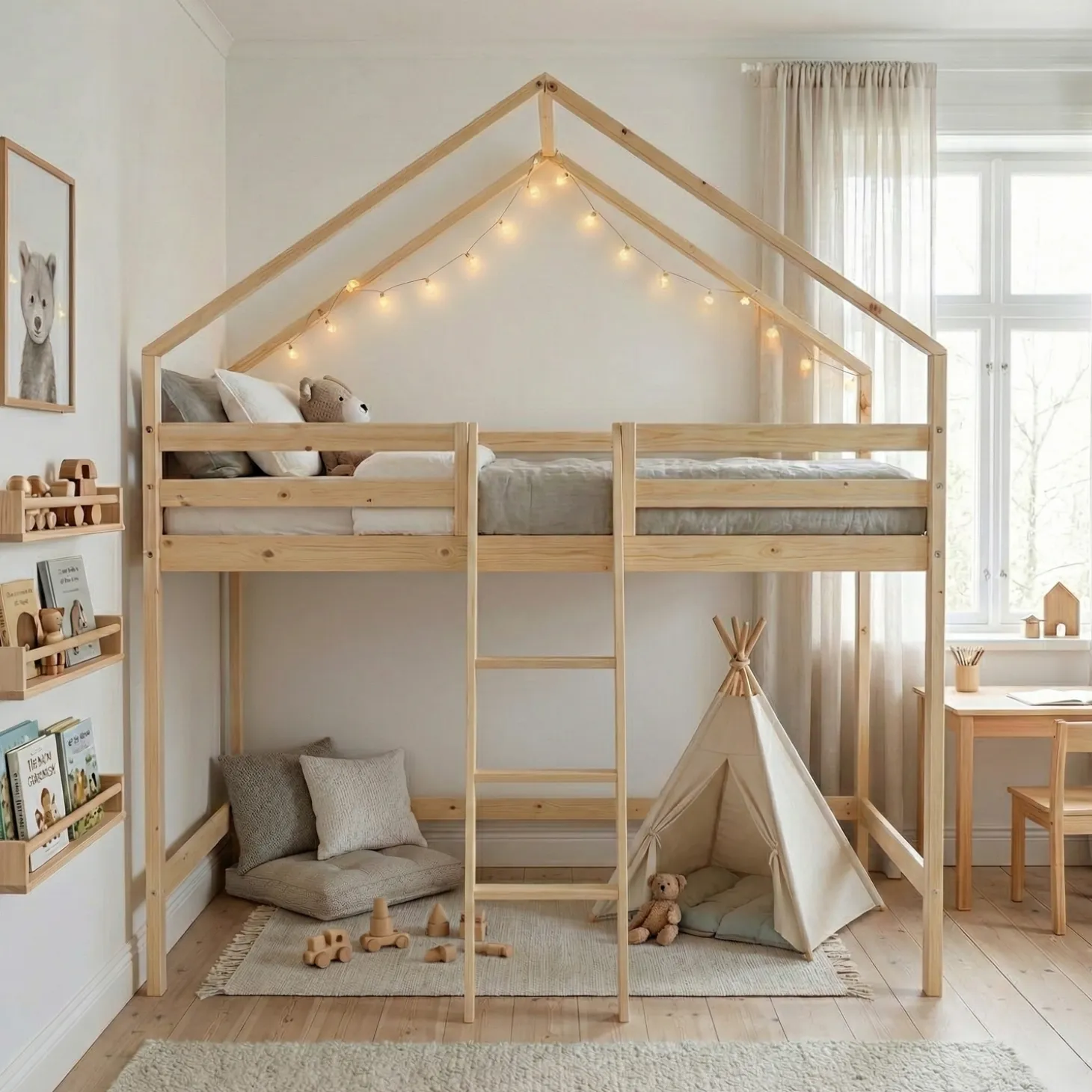Cama infantil elevada cabaña de pino natural, 90cm