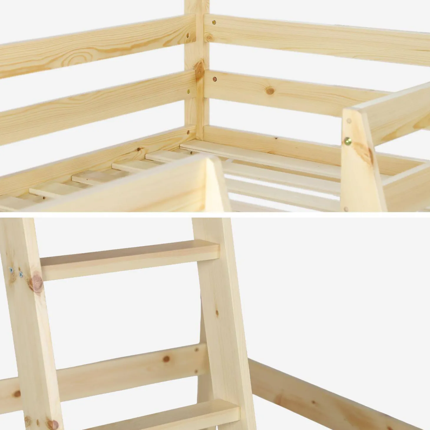 Cama infantil elevada cabaña de pino natural, 90cm