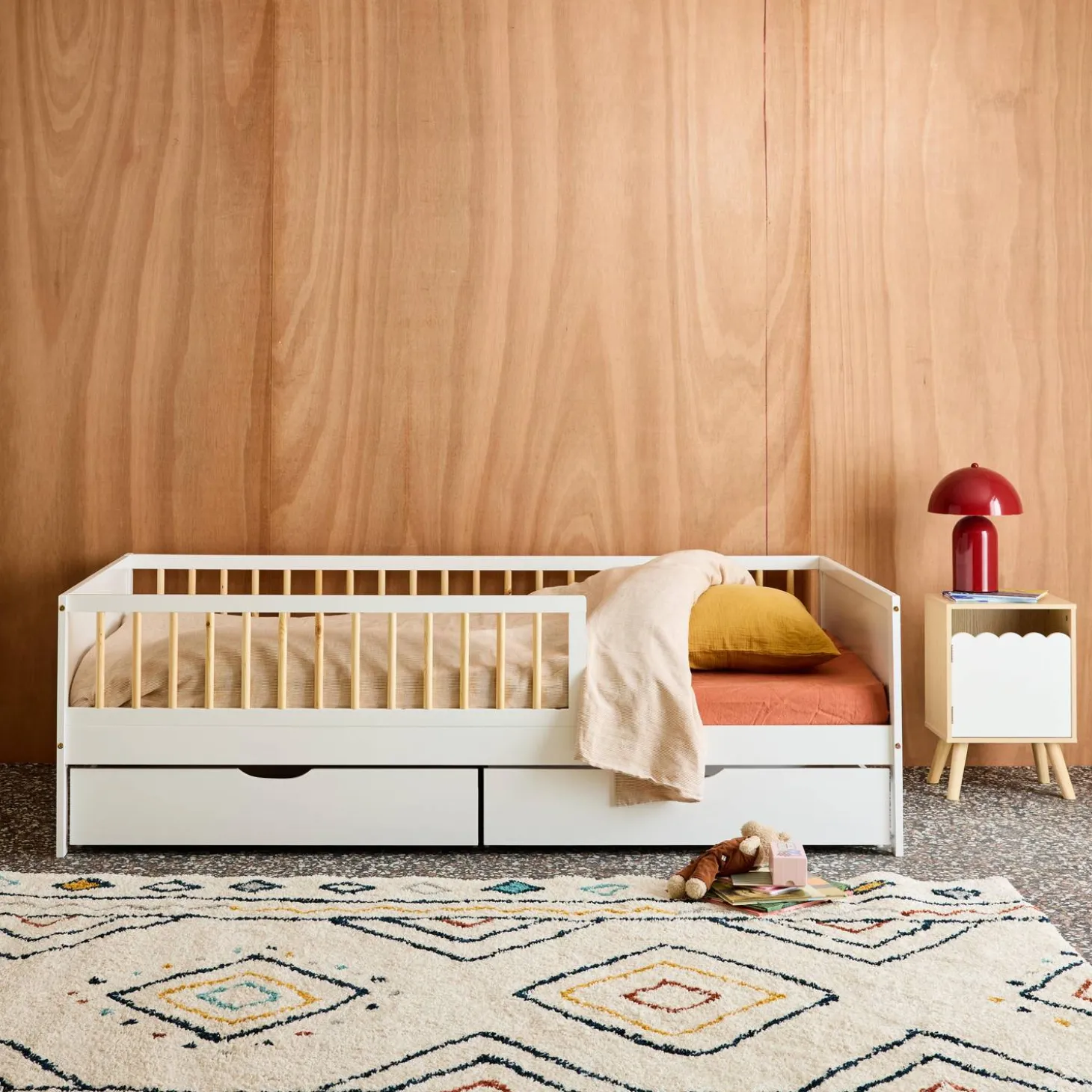 Cama nido infantil 190cm pino natural con somier de láminas y cajones