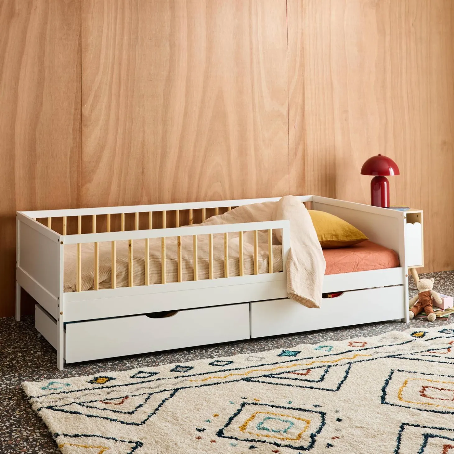 Cama nido infantil 190cm pino natural con somier de láminas y cajones