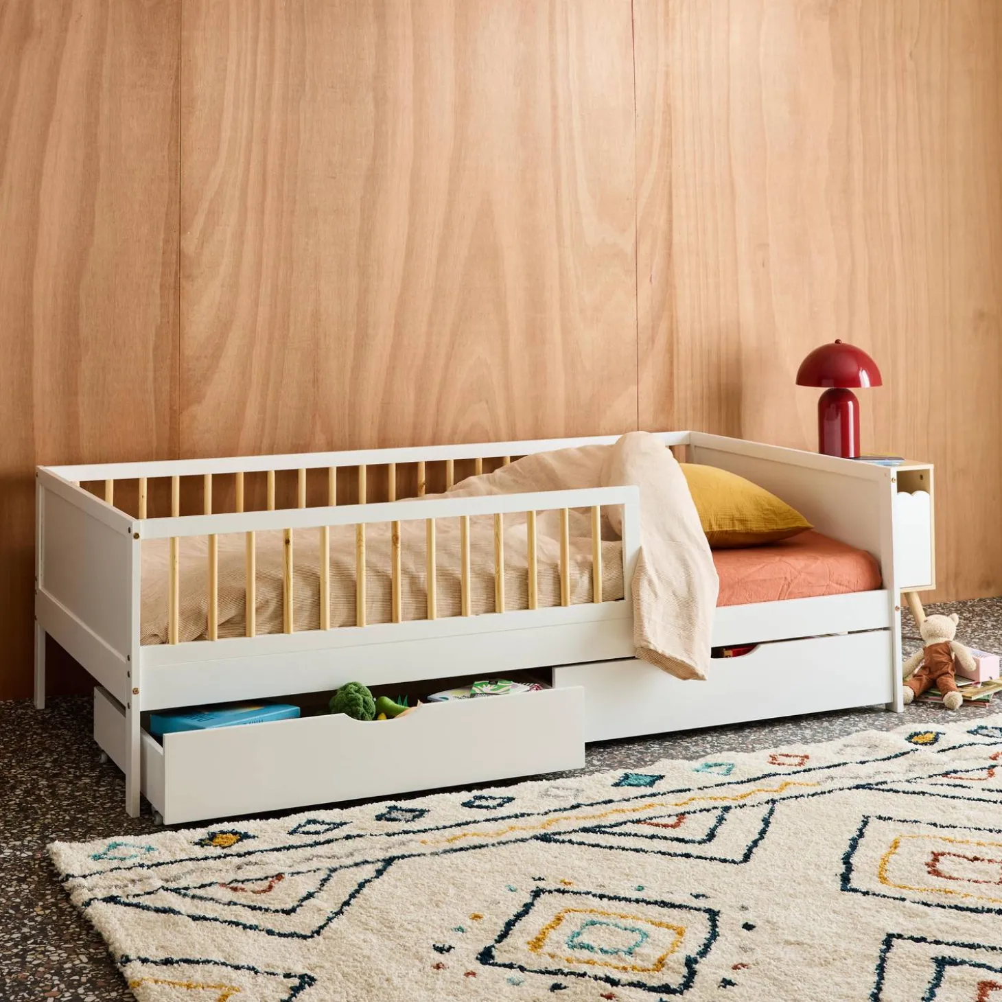 Cama nido infantil 190cm pino natural con somier de láminas y cajones