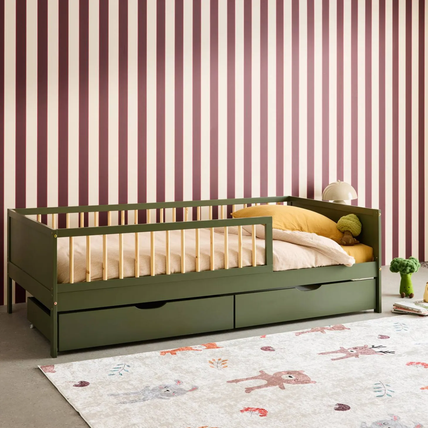 Cama nido infantil 190cm pino natural con somier de láminas y cajones